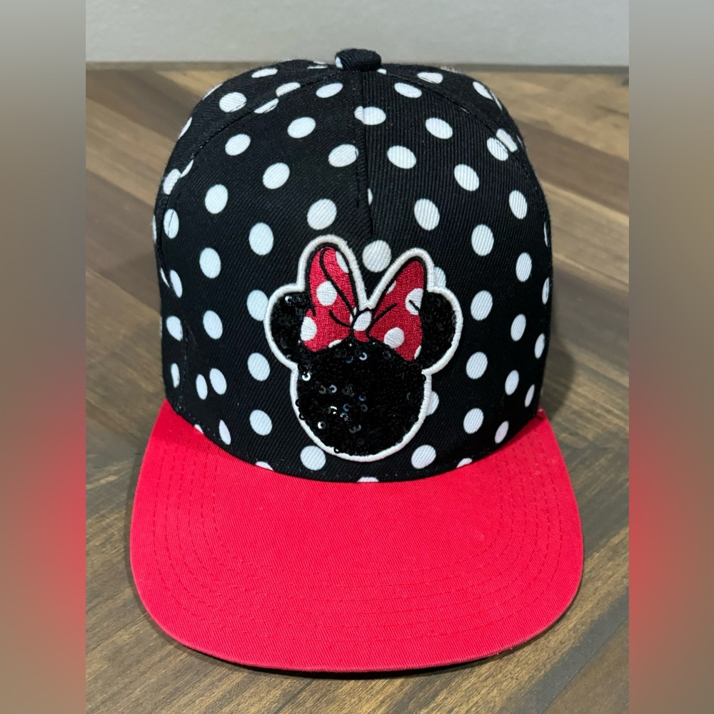 Disney w Sequins Minnie Mouse Hat Black & Red Cap Polka Dot Adjustable